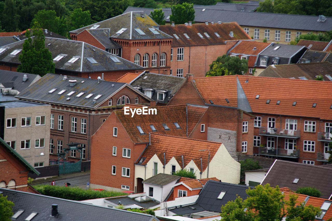 High angle view of buildings with red and black roofs in town