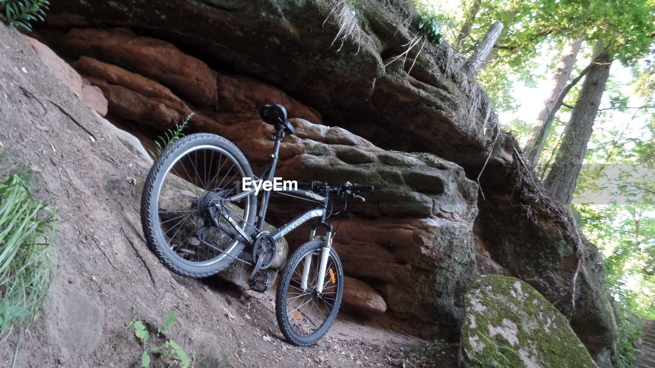 BICYCLE ON TREE TRUNK AMIDST ROCKS