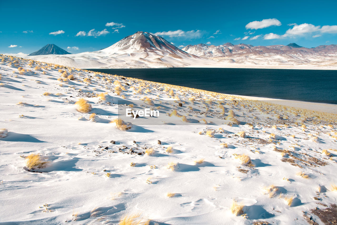 Laguna miscanti and cerro miscanti in the altiplano, atacama desert, chile, south america