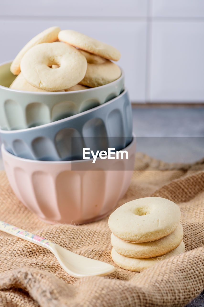 Close-up of cookies in bowls on table