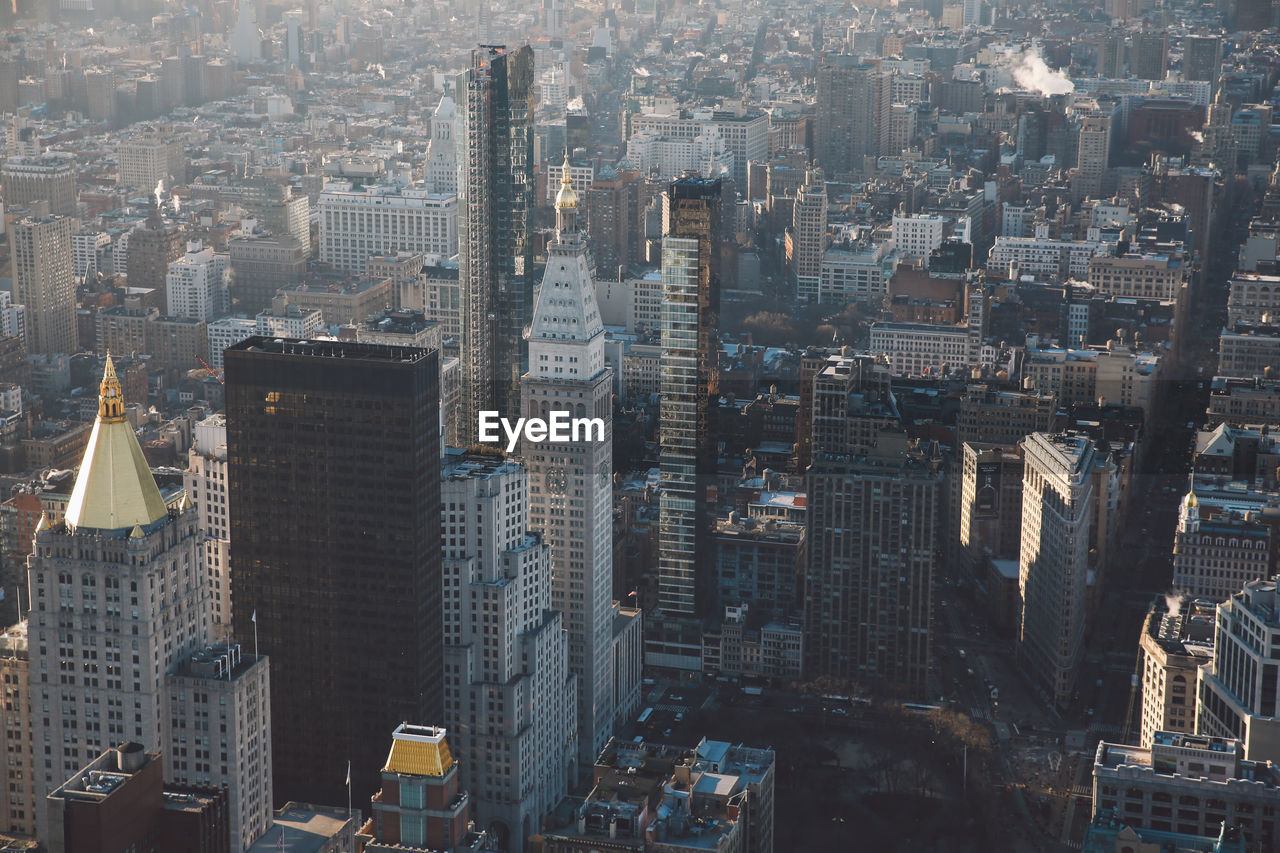 High angle view of modern buildings in city