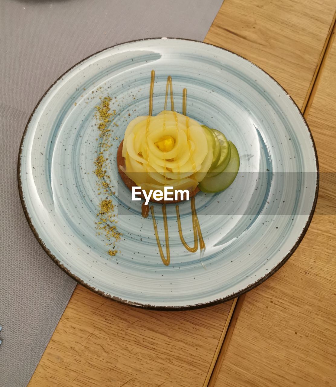 High angle view of dessert in plate on table