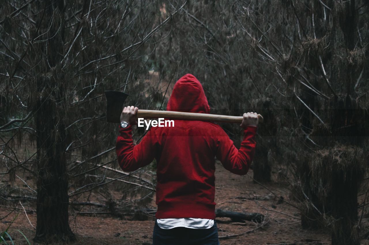 Rear view of person in hooded shirt walking in belanglo state forest