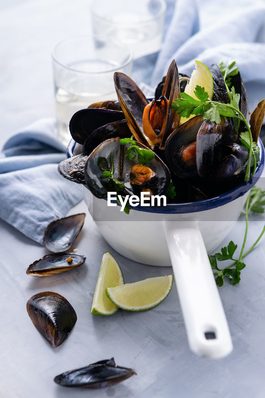 high angle view of food in plate on table
