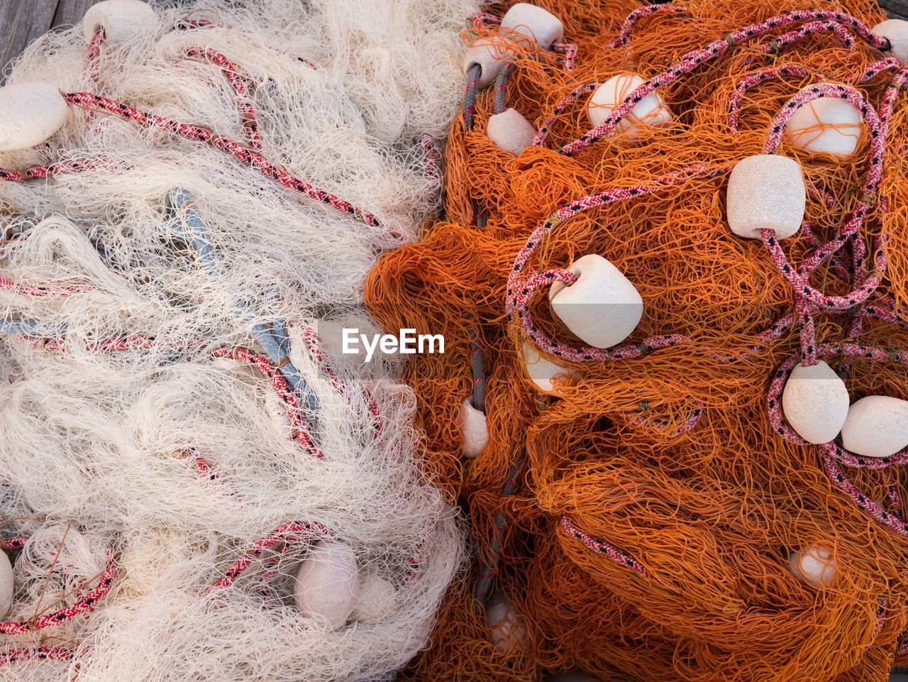 High angle view of fishing net at harbor