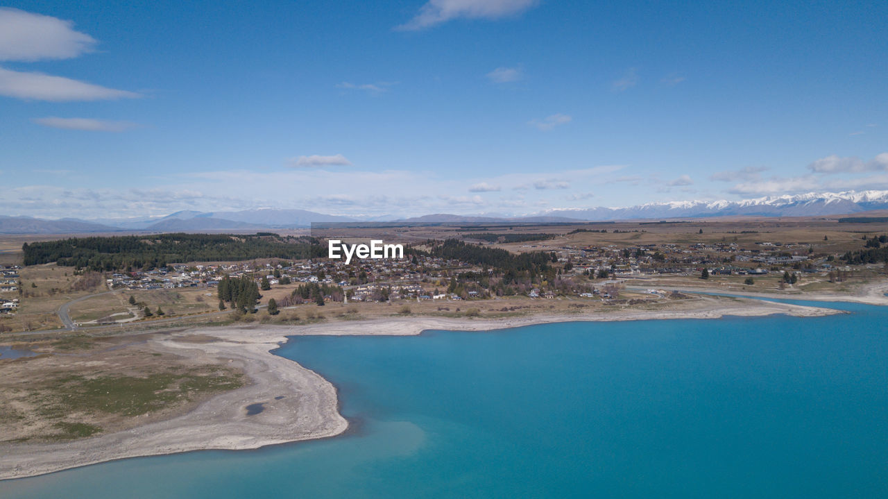Aerial view of lake tekapo in south island, new zealand.