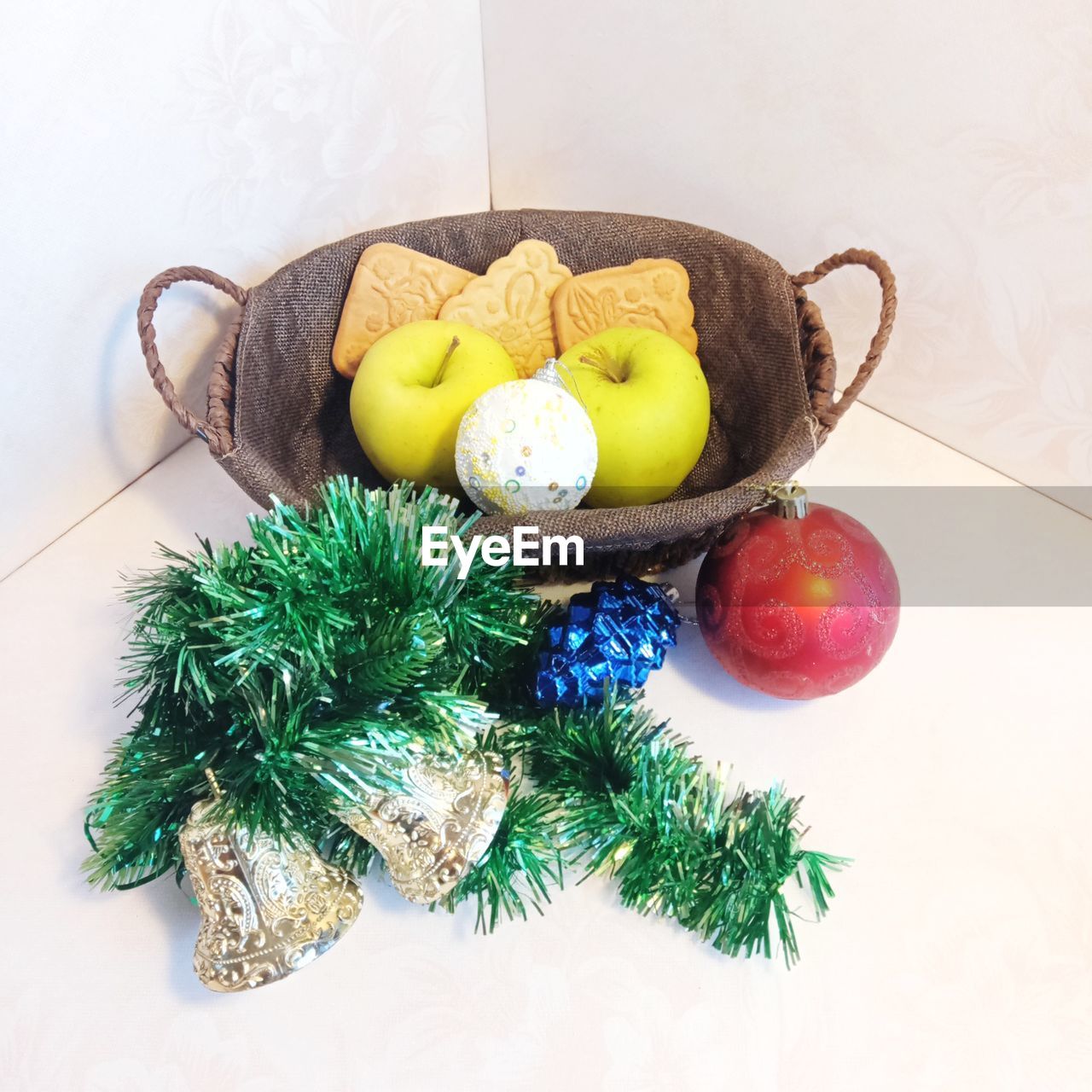 High angle view of christmas decorations on table