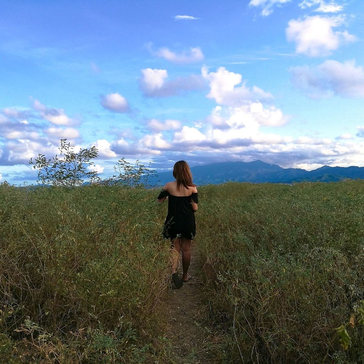 FULL LENGTH REAR VIEW OF WOMAN STANDING ON FIELD