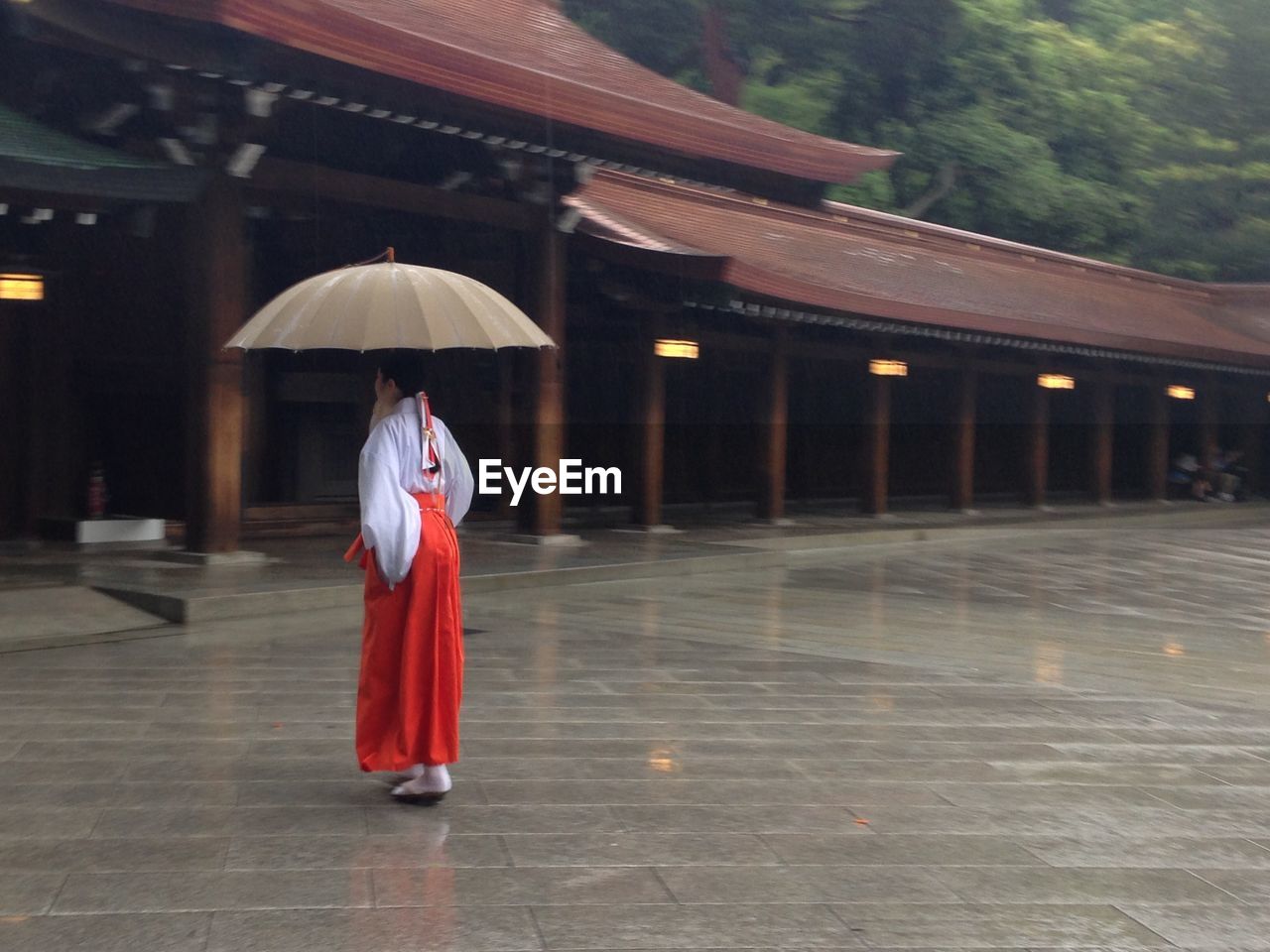 Rear view of woman with umbrella walking during rainy season