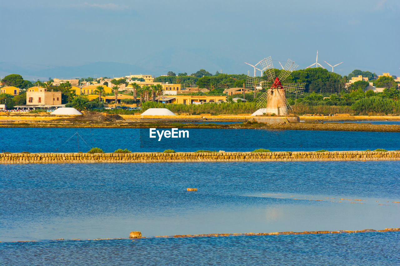 SCENIC VIEW OF LAKE AND BUILDINGS AGAINST SKY