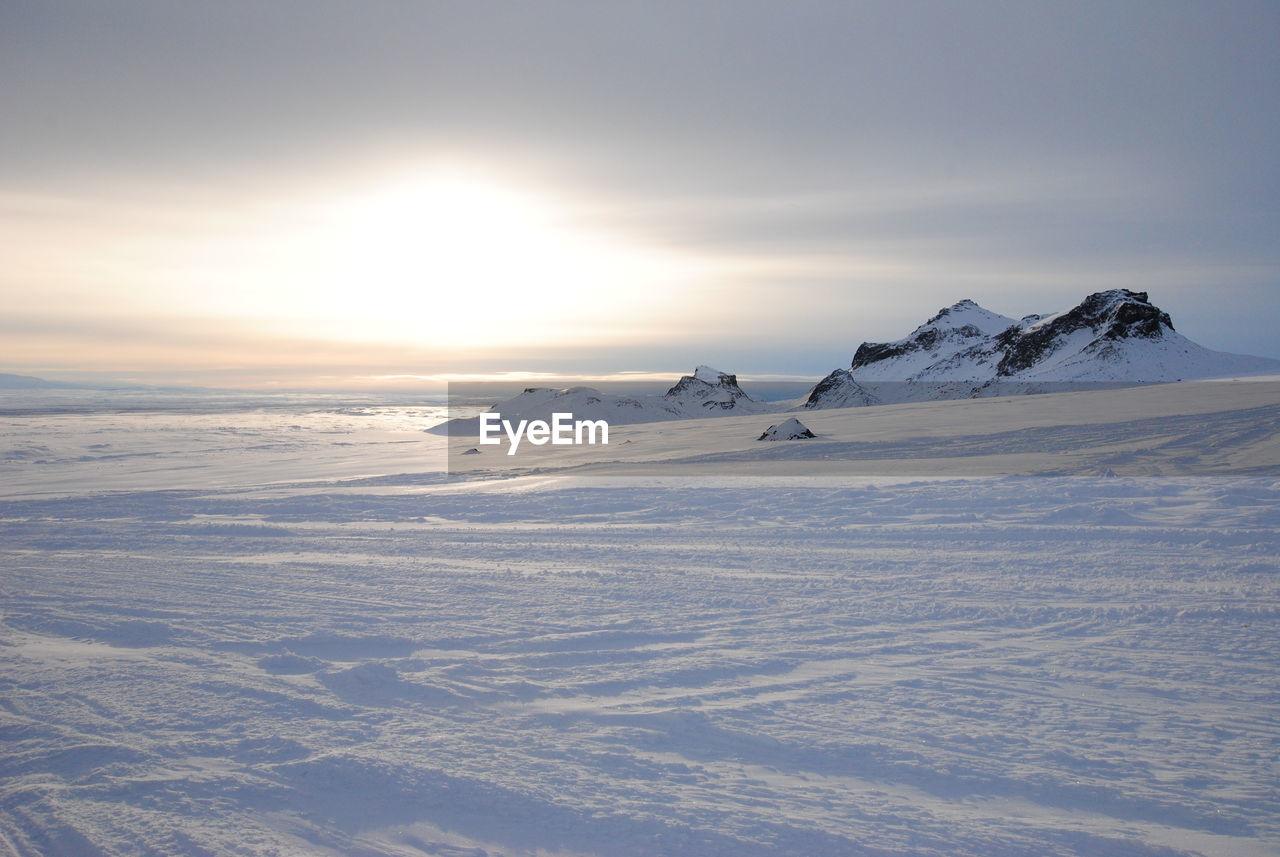 Scenic view of snow covered mountain against sky