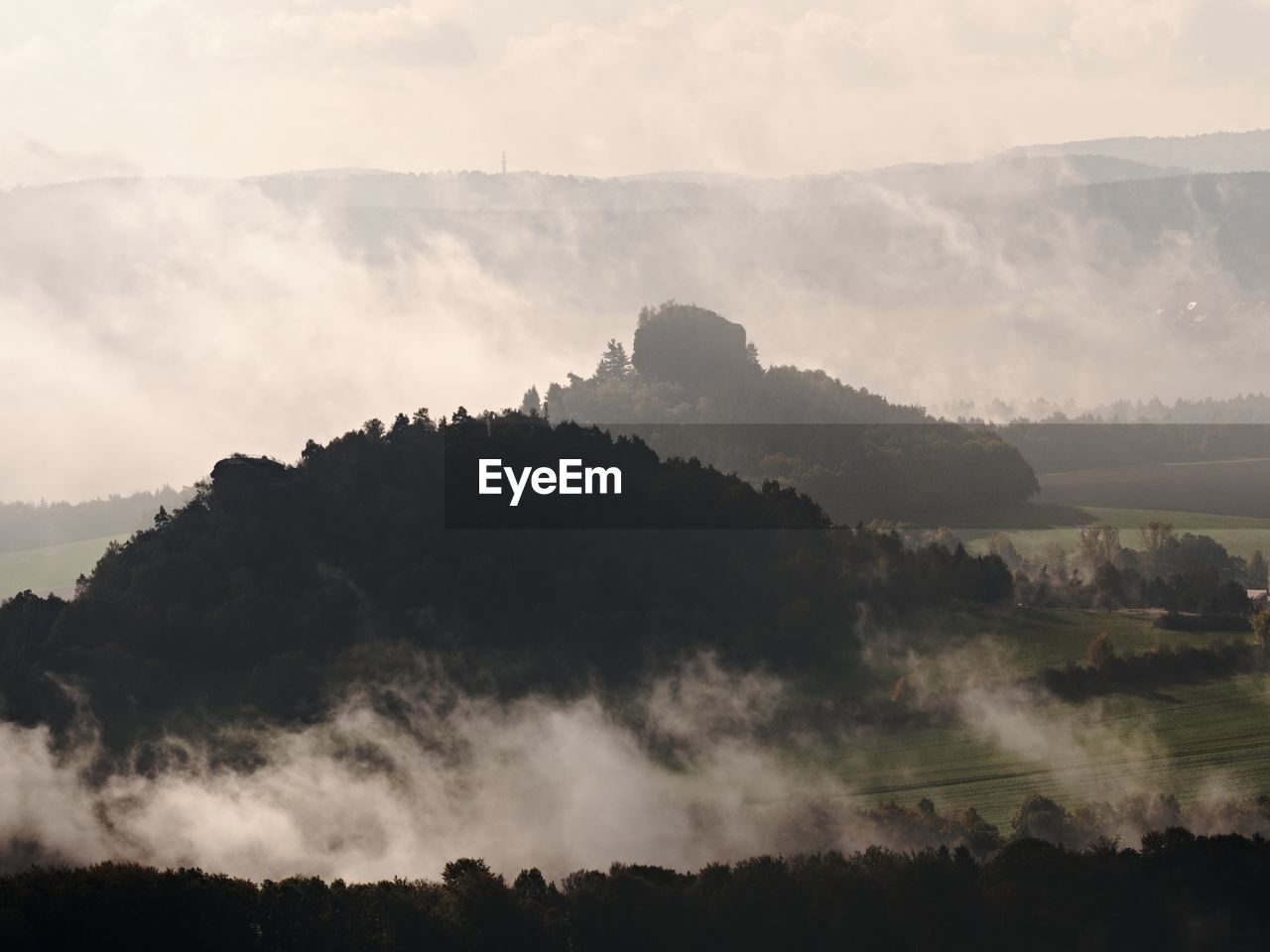 PANORAMIC VIEW OF TREES AND MOUNTAIN AGAINST SKY