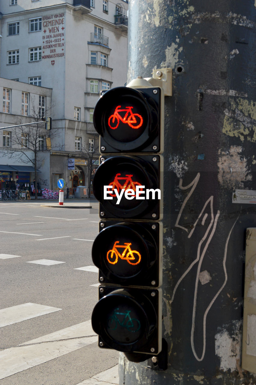 Bicycle lane road sign on street in city