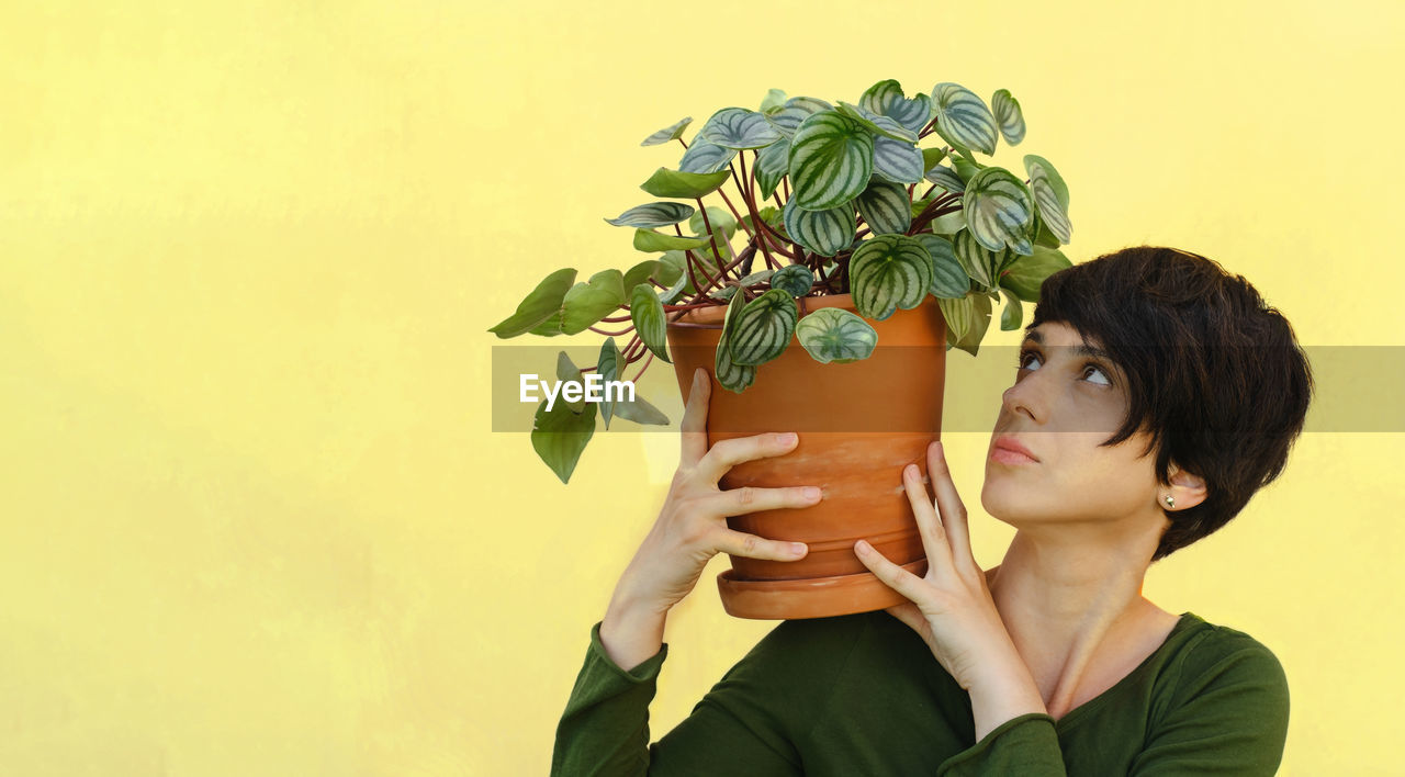 young woman holding plant against yellow background