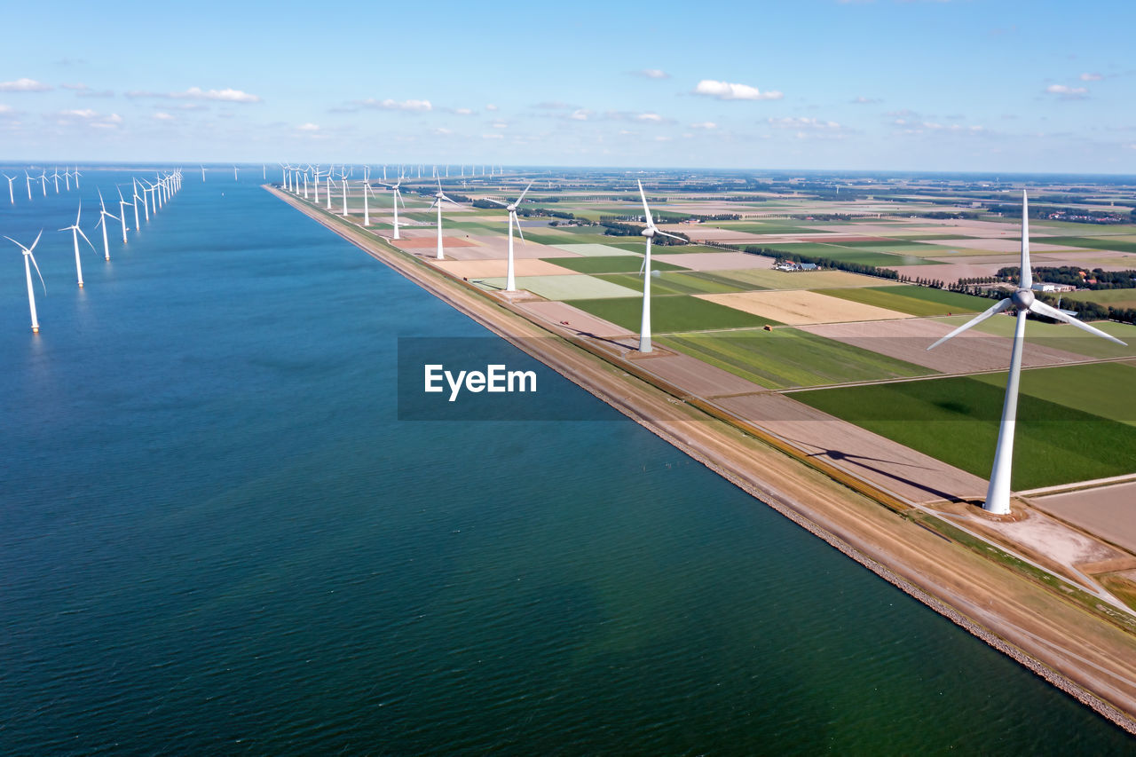 Aerial from wind turbines in the ijsselmeer in friesland in the netherlands