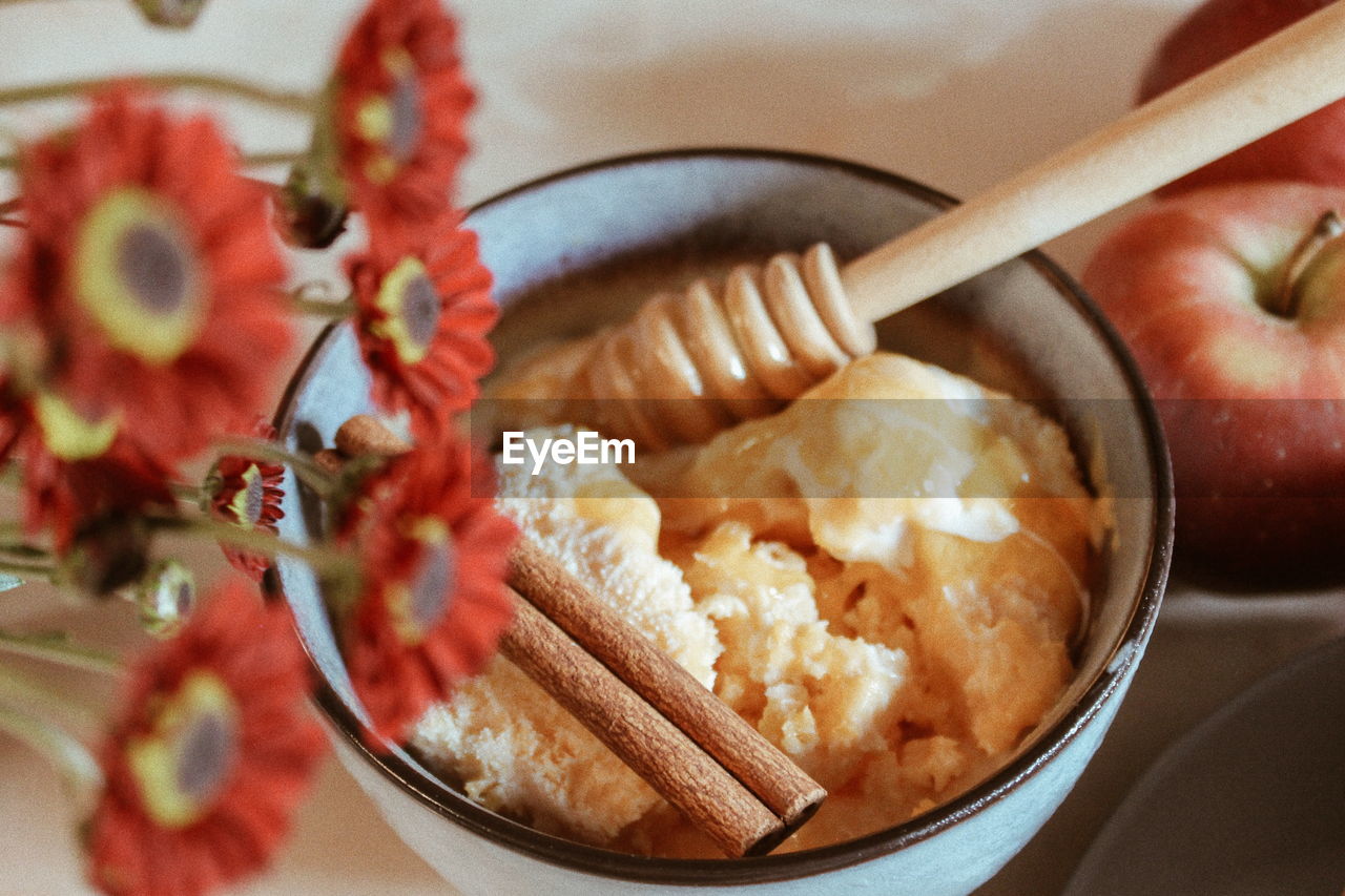 High angle view of food served on table