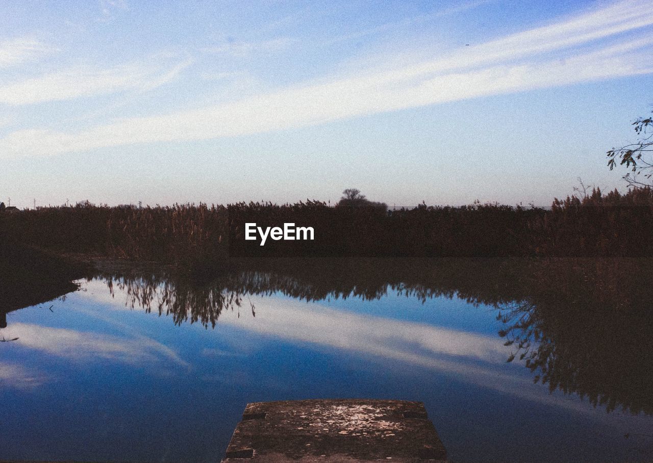 REFLECTION OF TREES AND SKY ON LAKE