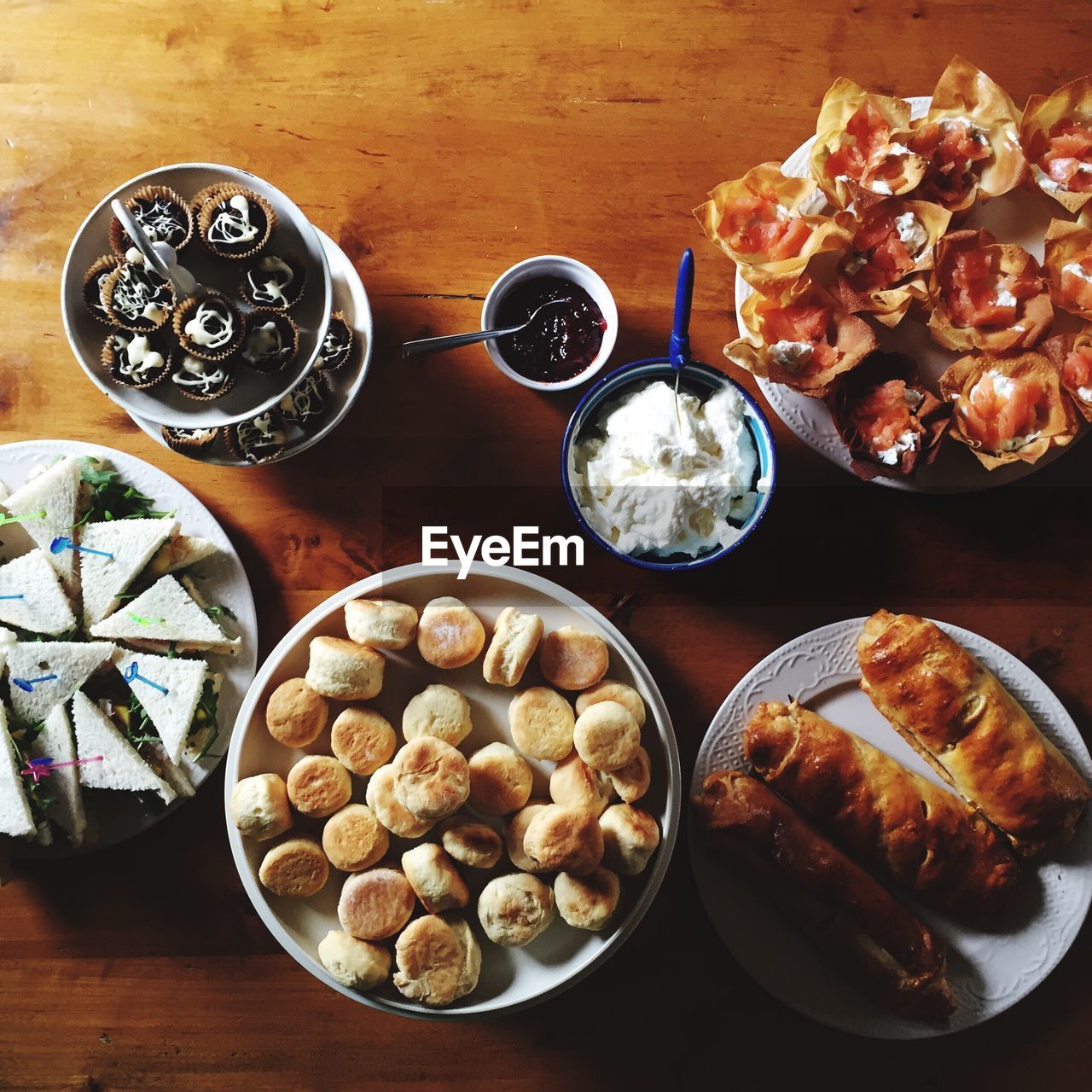 High angle view of various food on table