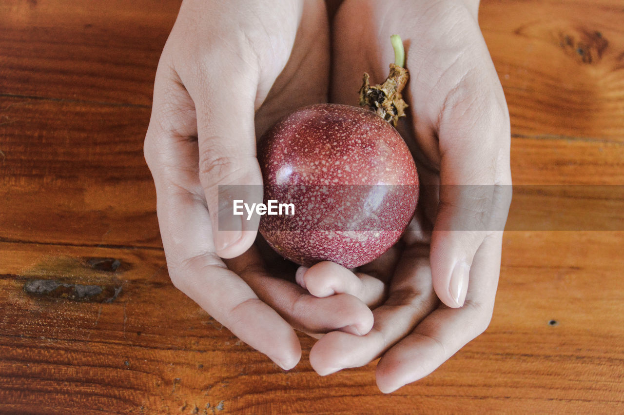 Close-up of hand holding a passion fruit