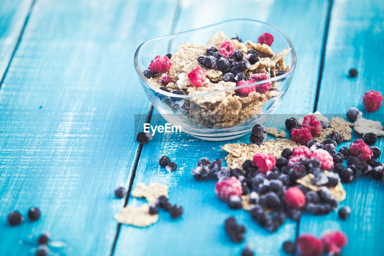 High angle view of breakfast served on table