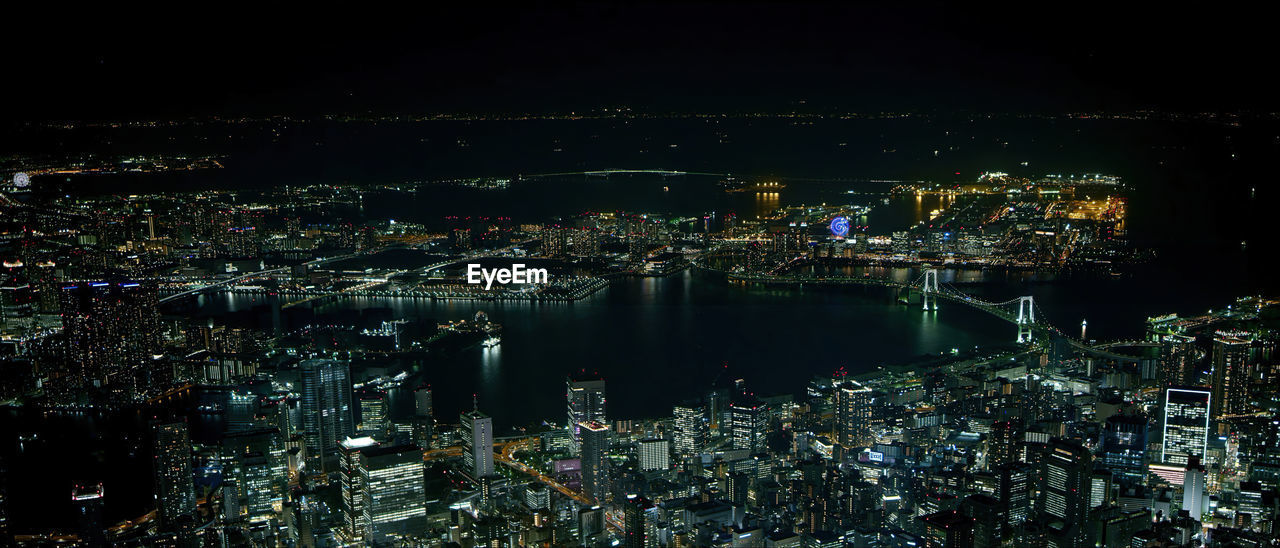 High angle view of illuminated city buildings at night, tokyo-japan