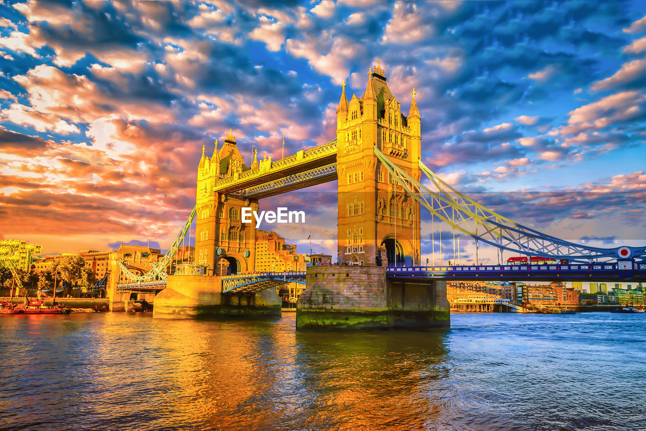 TOWER BRIDGE OVER RIVER DURING SUNSET