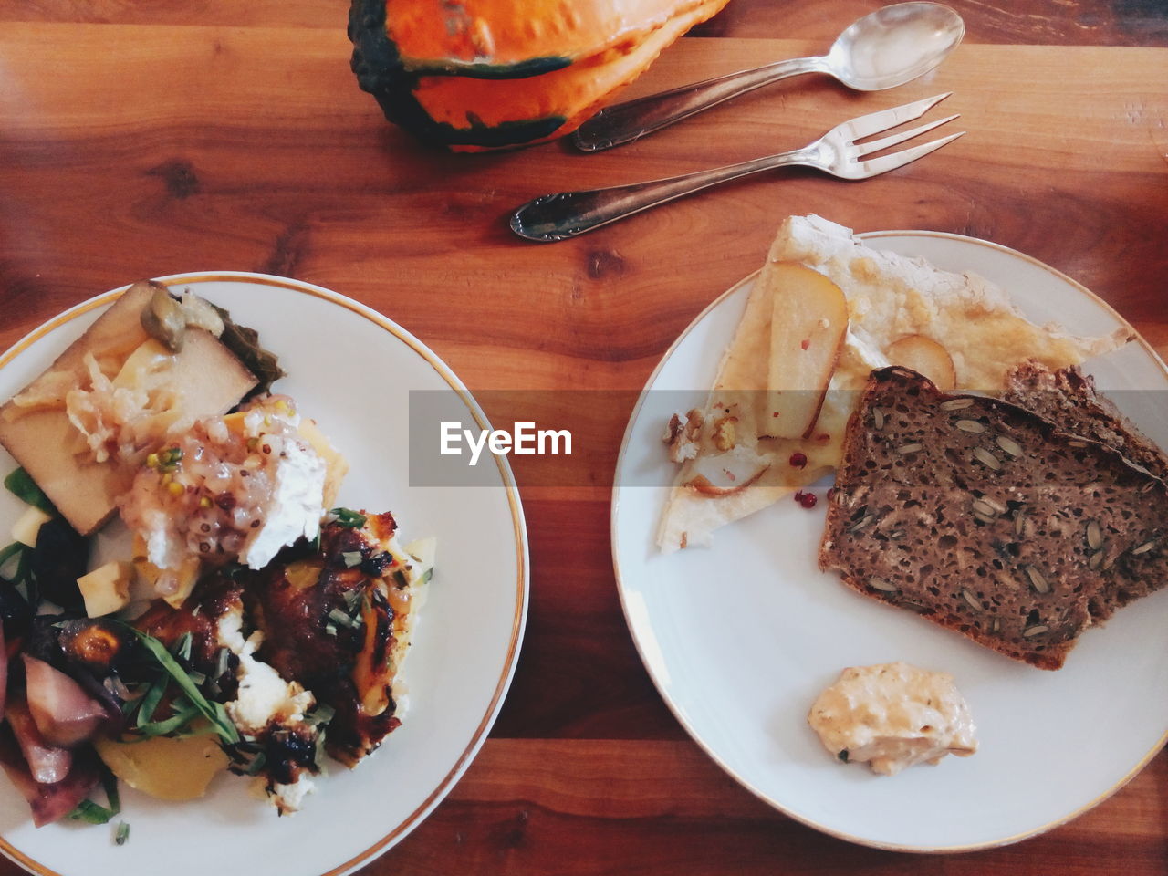 Directly above shot of breakfast served on table