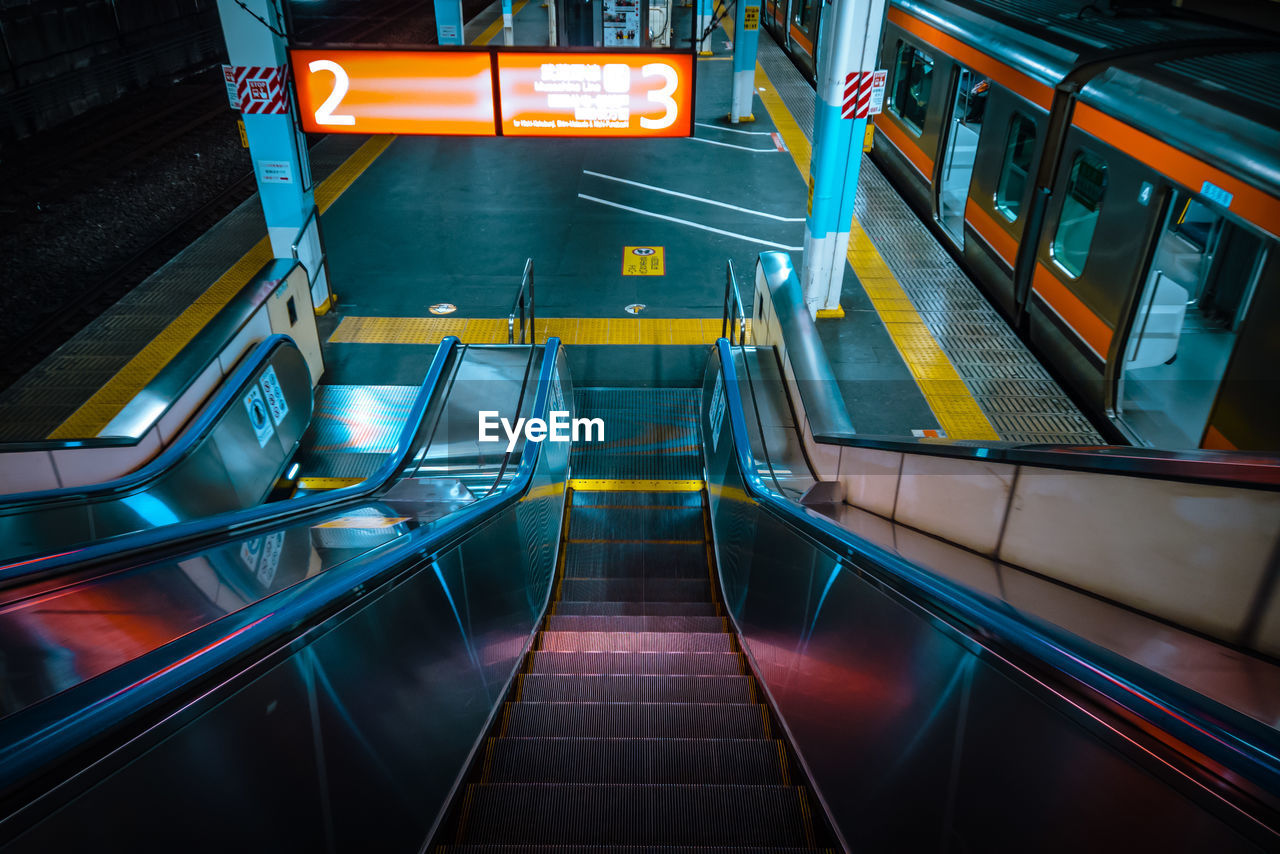 High angle view of escalator at subway station