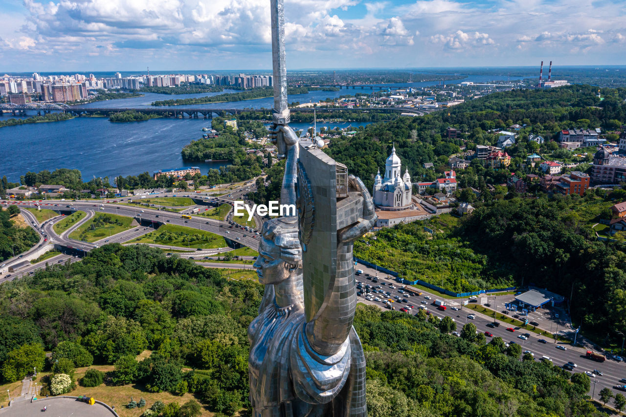 Aerial view of the mother motherland monument in kiev.