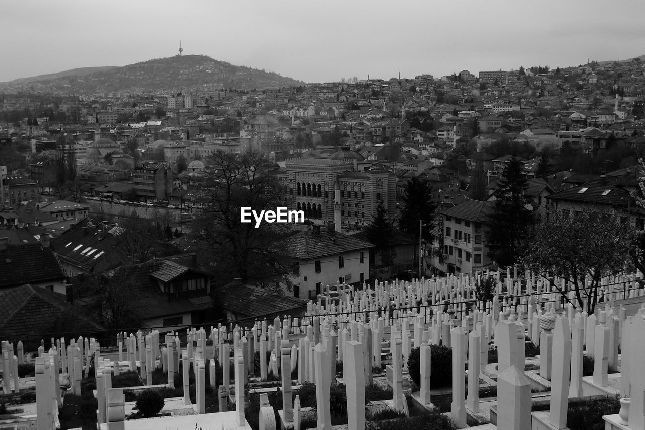 Panoramic view of cemetery against sky