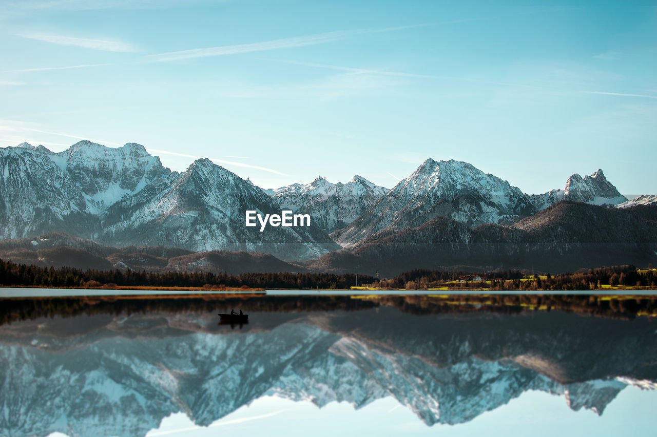 Scenic view of lake and snowcapped mountains against sky