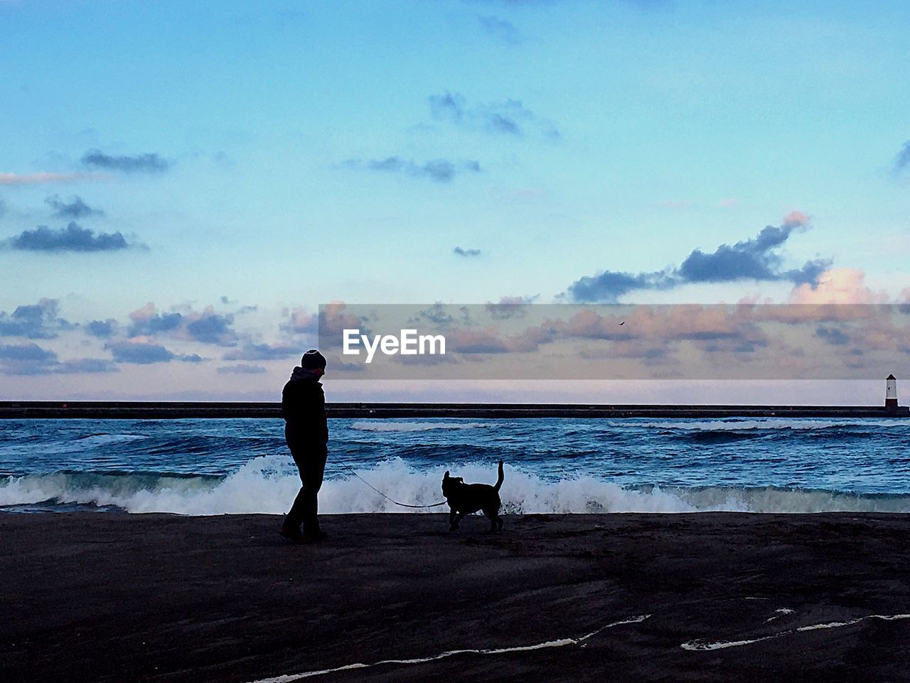 Silhouette man with dog on beach against sky at dusk