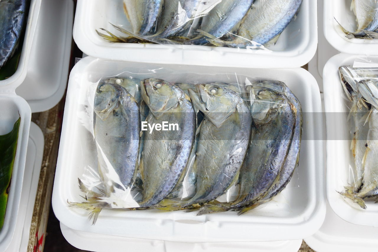 High angle view of fish in containers for sale