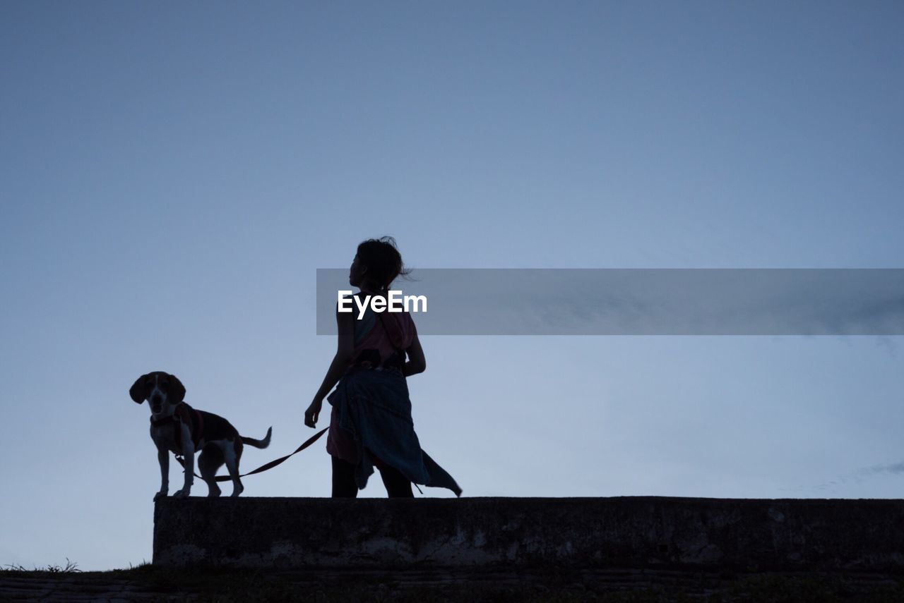 Woman and dog walking against clear sky