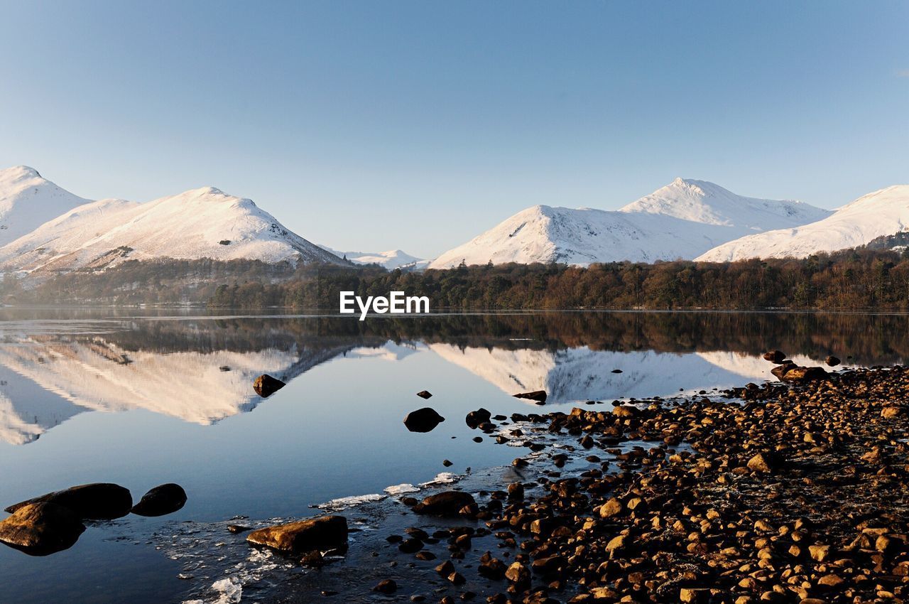 Scenic view of lake and mountains against clear sky