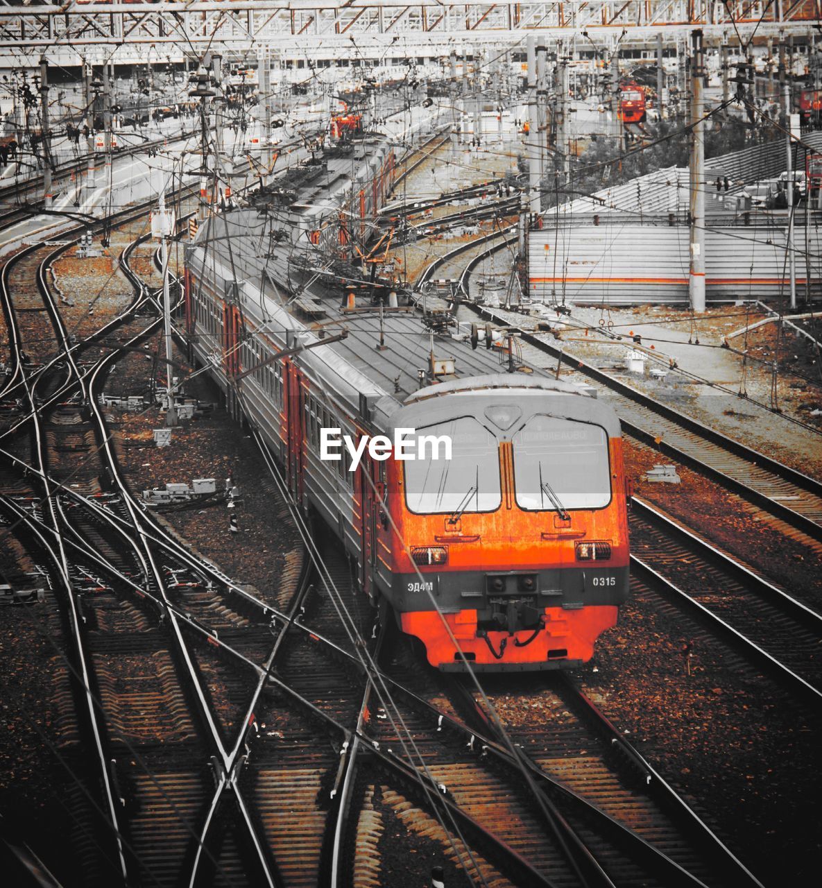 High angle view of train on railroad tracks