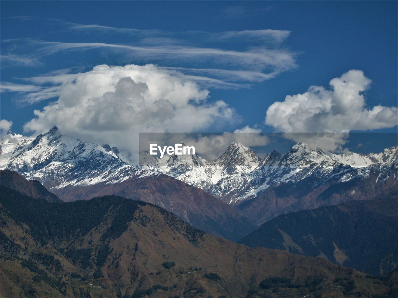 Scenic view of snowcapped mountains against clear sky