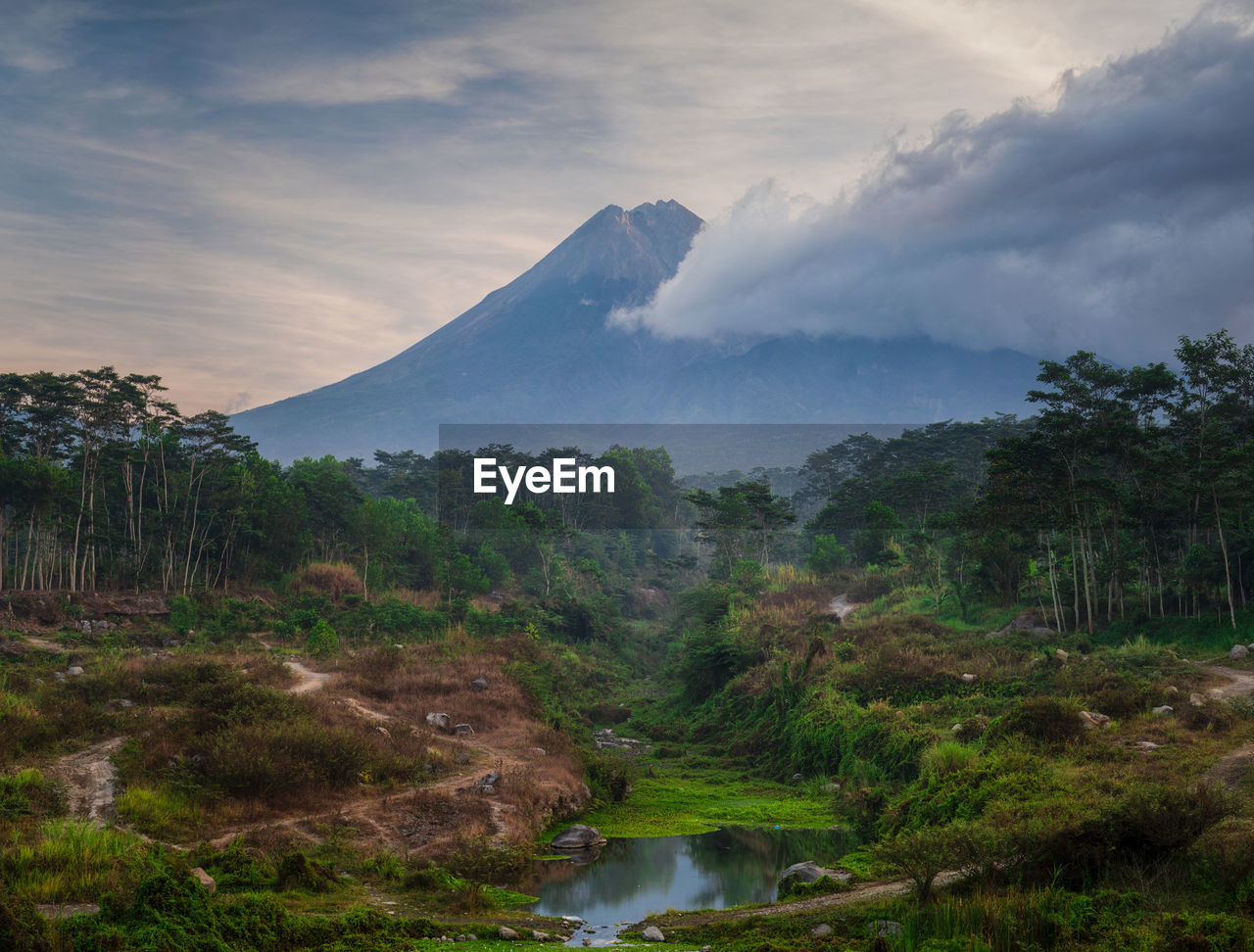 Merapi volcano view with gendol river foreground in the morning