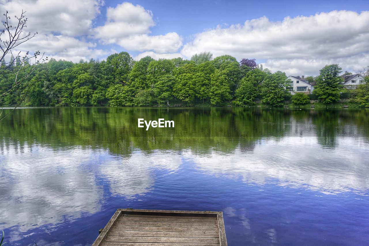 Reflection of trees in lake against sky