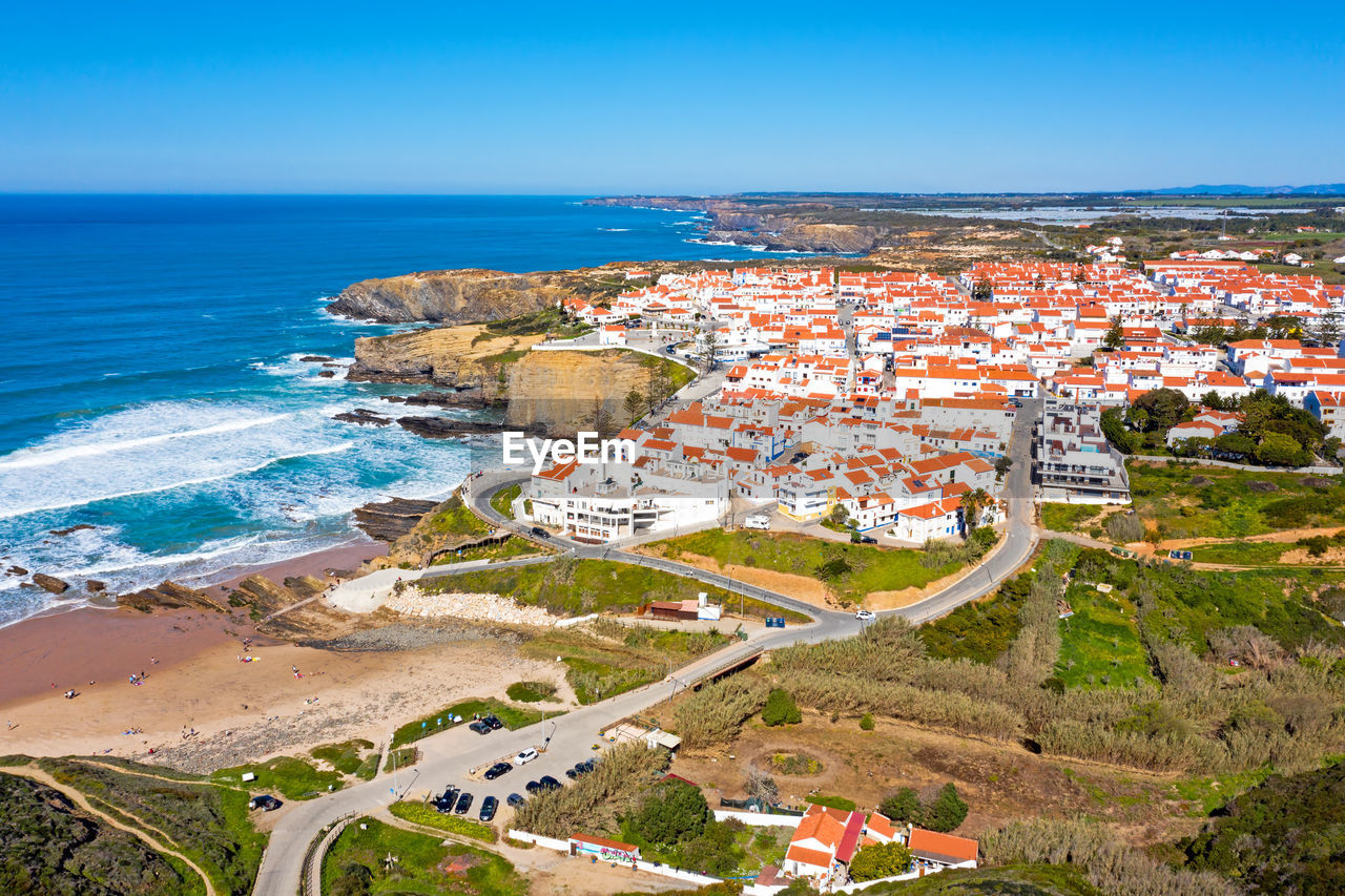 High angle view of beach against clear sky