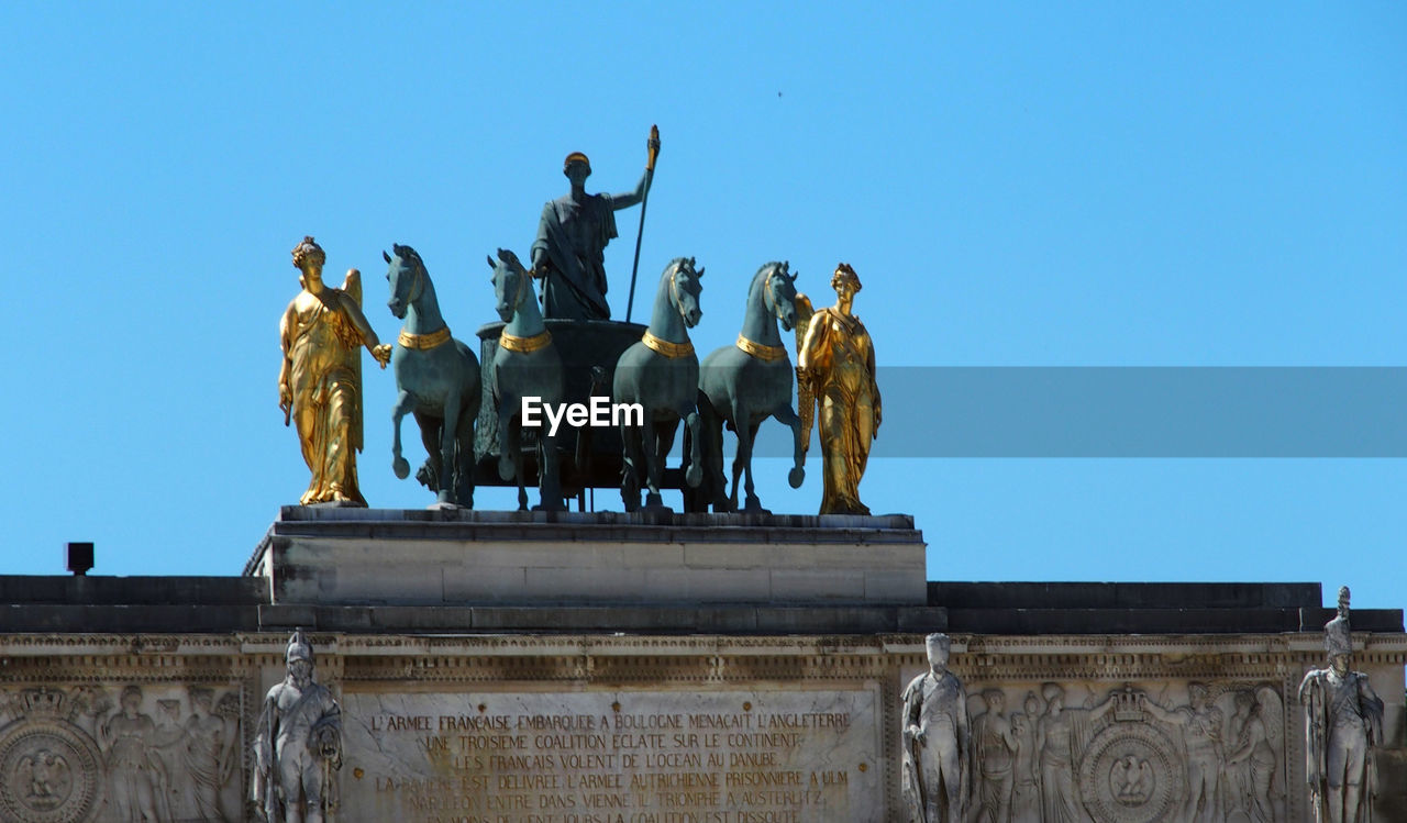 Low angle view of statues against clear sky