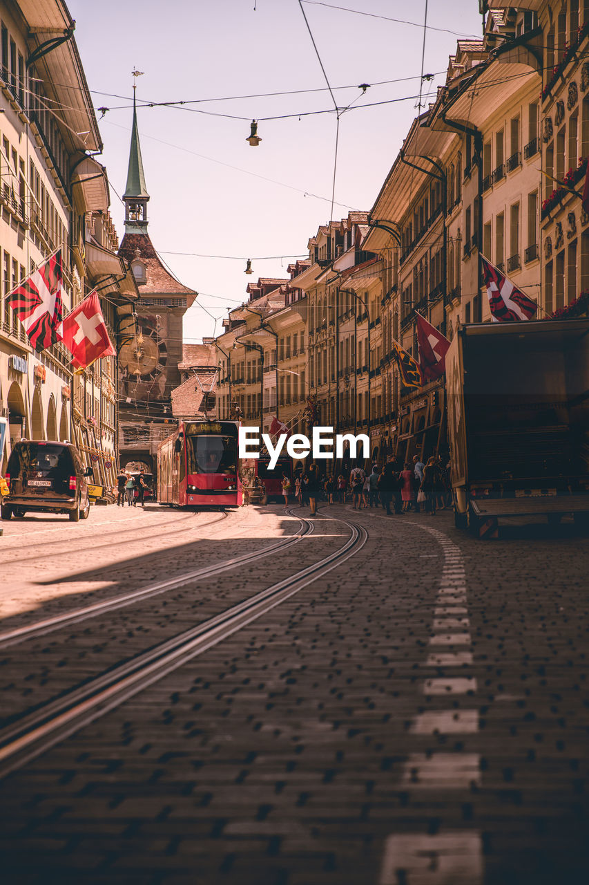 Cobblestone street with bus in bern, switzerland