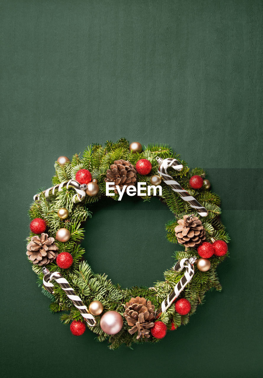 Directly above shot of christmas wreath on table