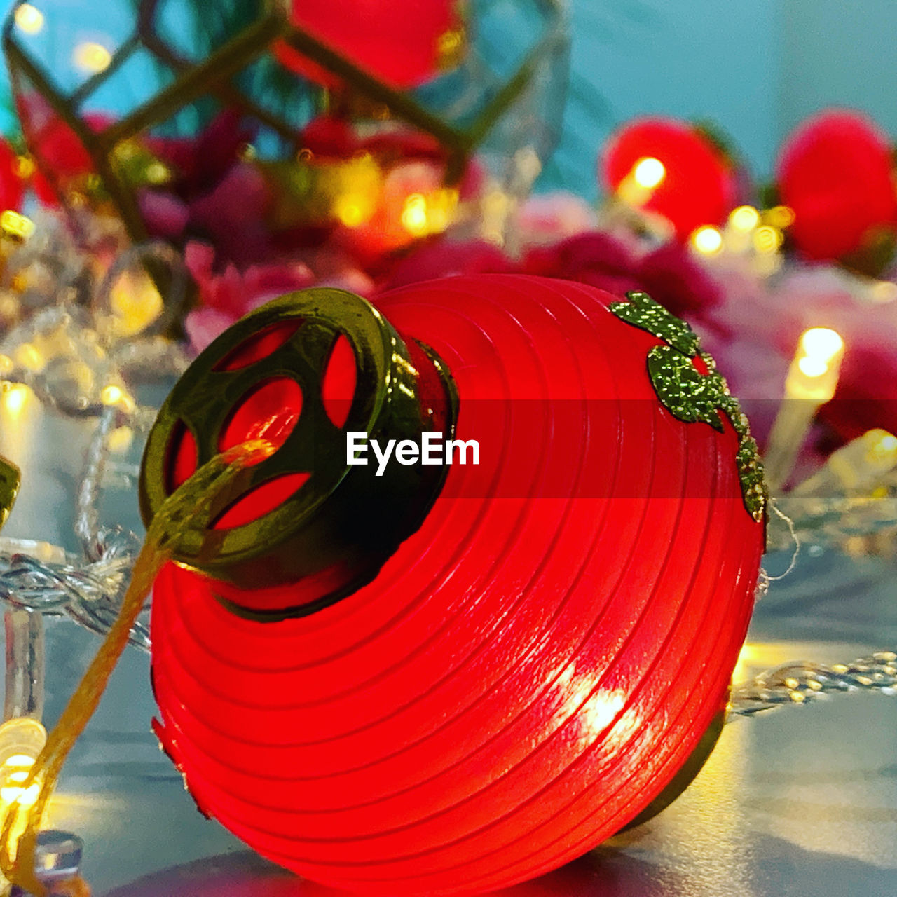 Close-up of illuminated christmas decoration on table