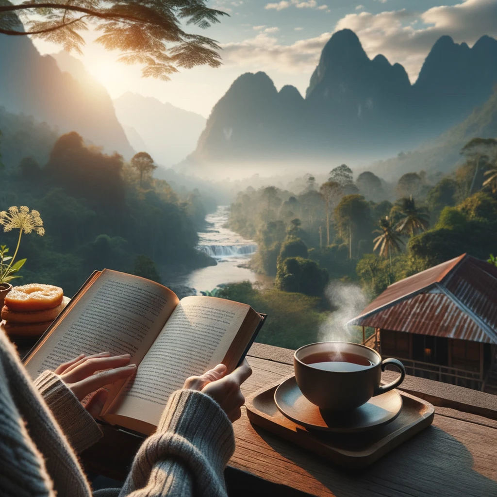 food and drink, morning, drink, nature, mug, cup, mountain, tea, hot drink, beauty in nature, sky, refreshment, landscape, coffee cup, scenics - nature, food, coffee, relaxation, travel destinations, sunlight, table, architecture, tranquility, travel, sun, tea cup, vacation, tranquil scene, plant, mountain range, trip, tree, environment, sunrise, land, water, holiday, saucer, outdoors, building, heat, idyllic, no people, wood, crockery, tropical climate, summer, leisure activity, chair, lifestyles, forest, tourism, rural scene, twilight