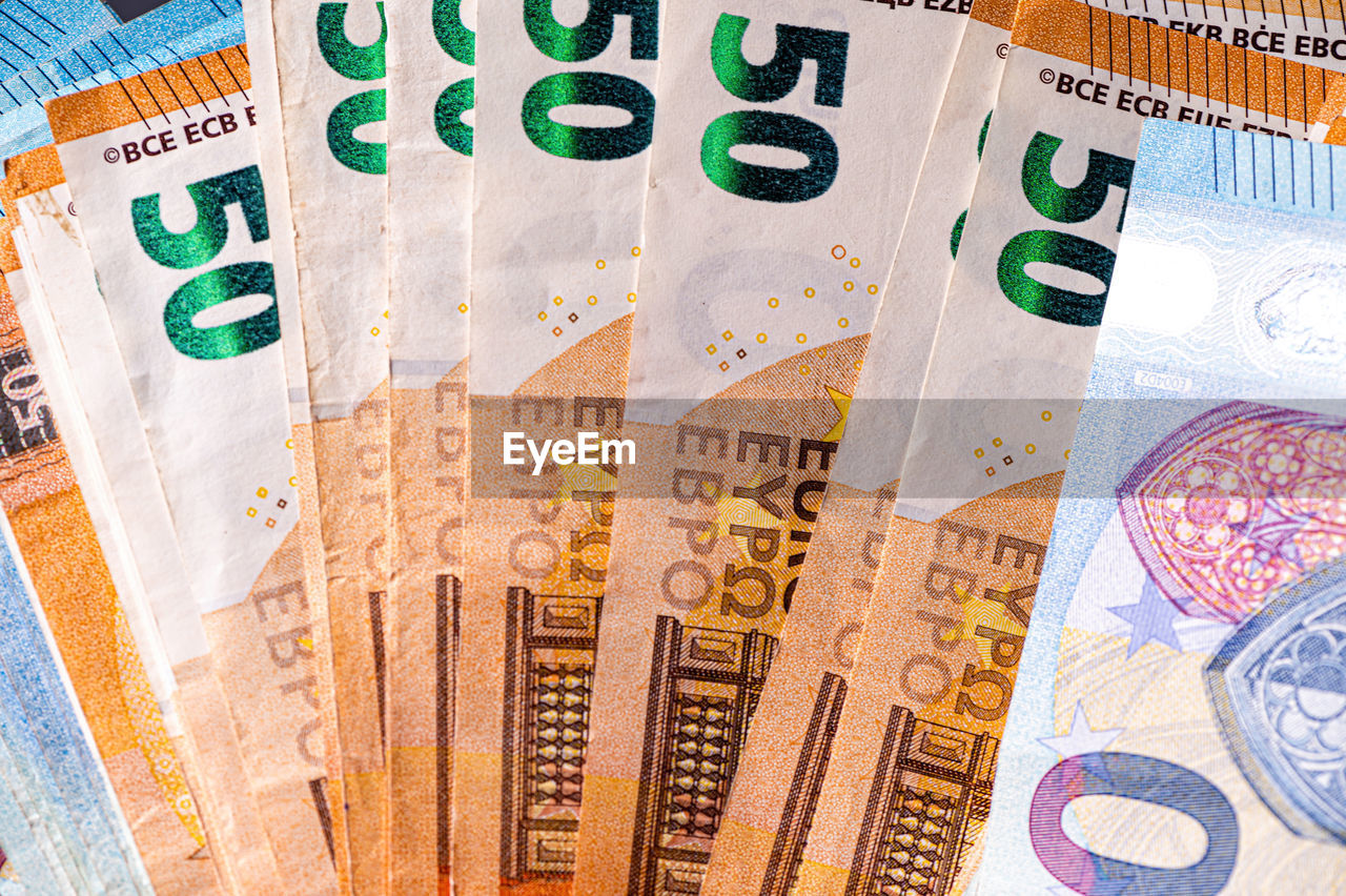 Money background from 50 and 20 euro banknotes. euro banknote close-up