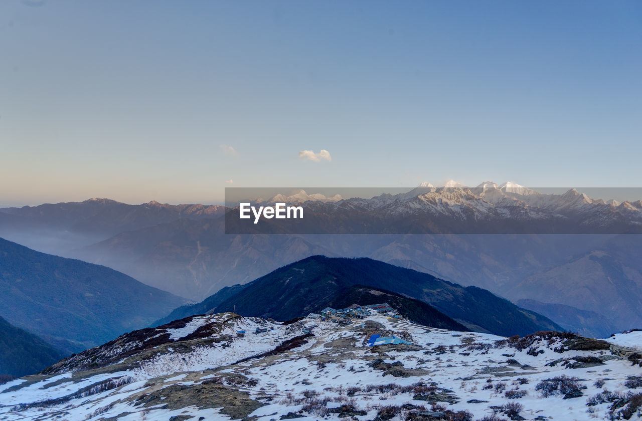 Scenic view of snowcapped mountains against sky