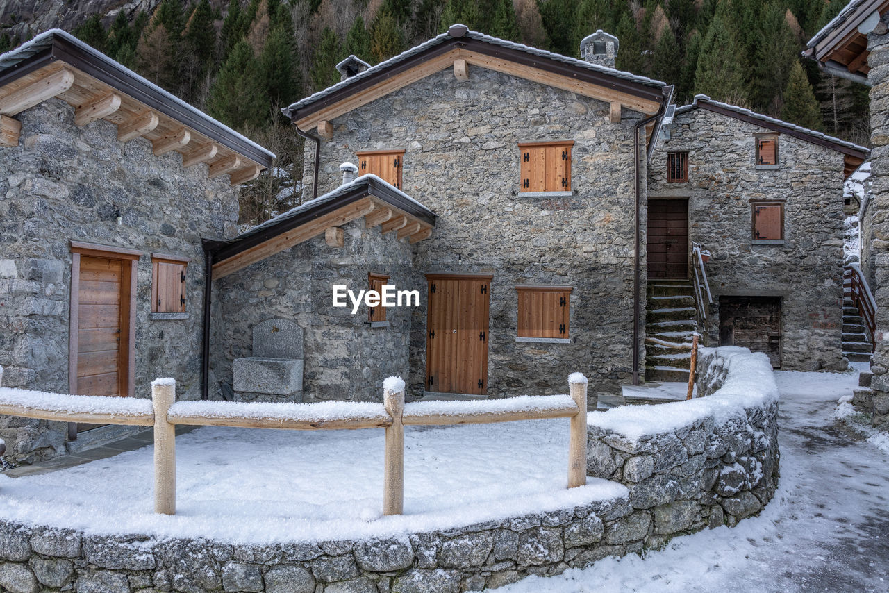 HOUSES ON SNOW COVERED LANDSCAPE