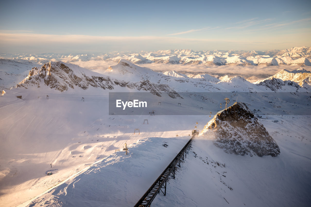 Aerial view of snow covered landscape against sky