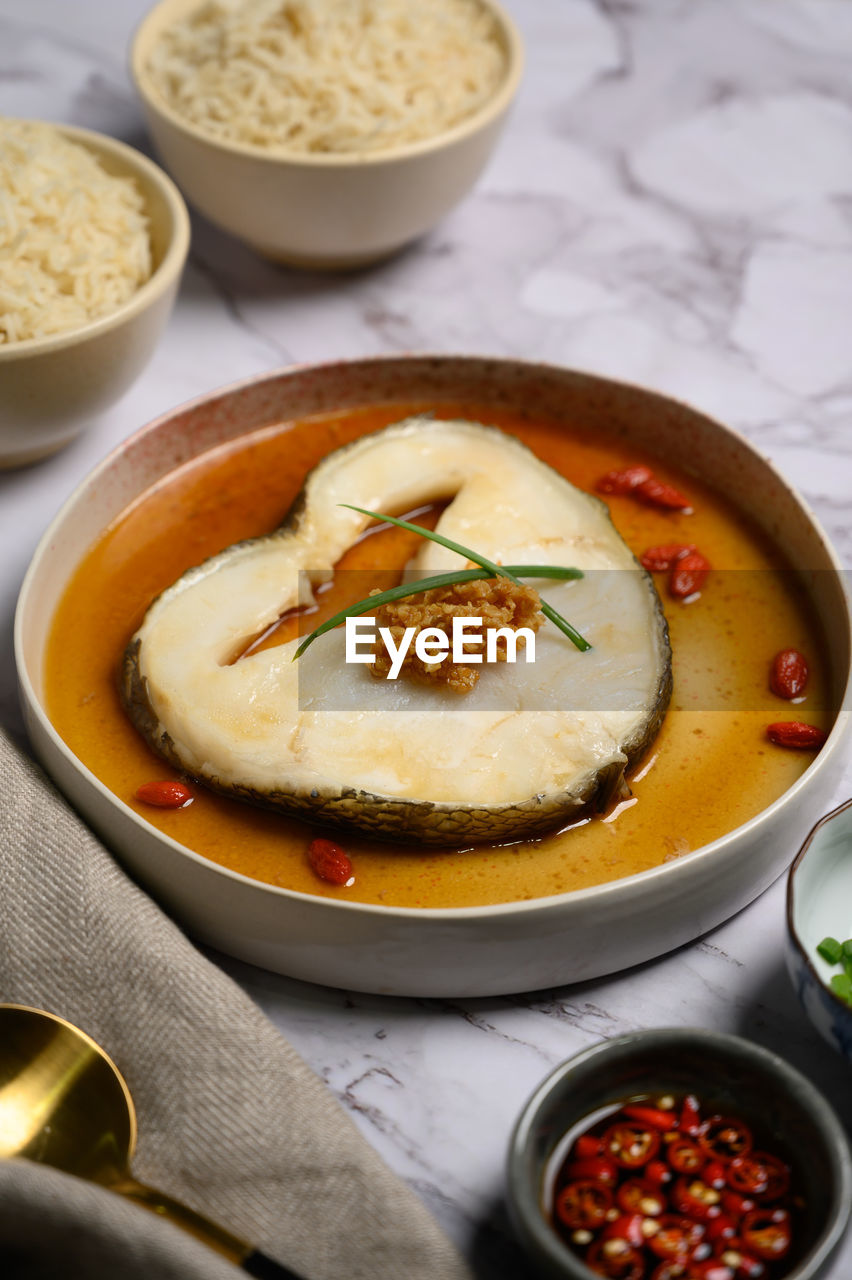 High angle view of food in bowl on table